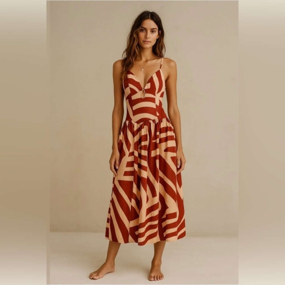 NWT: Mon Renn Surreal Midi Dress Tropico Red Print Size: Women’s Medium (8/10)